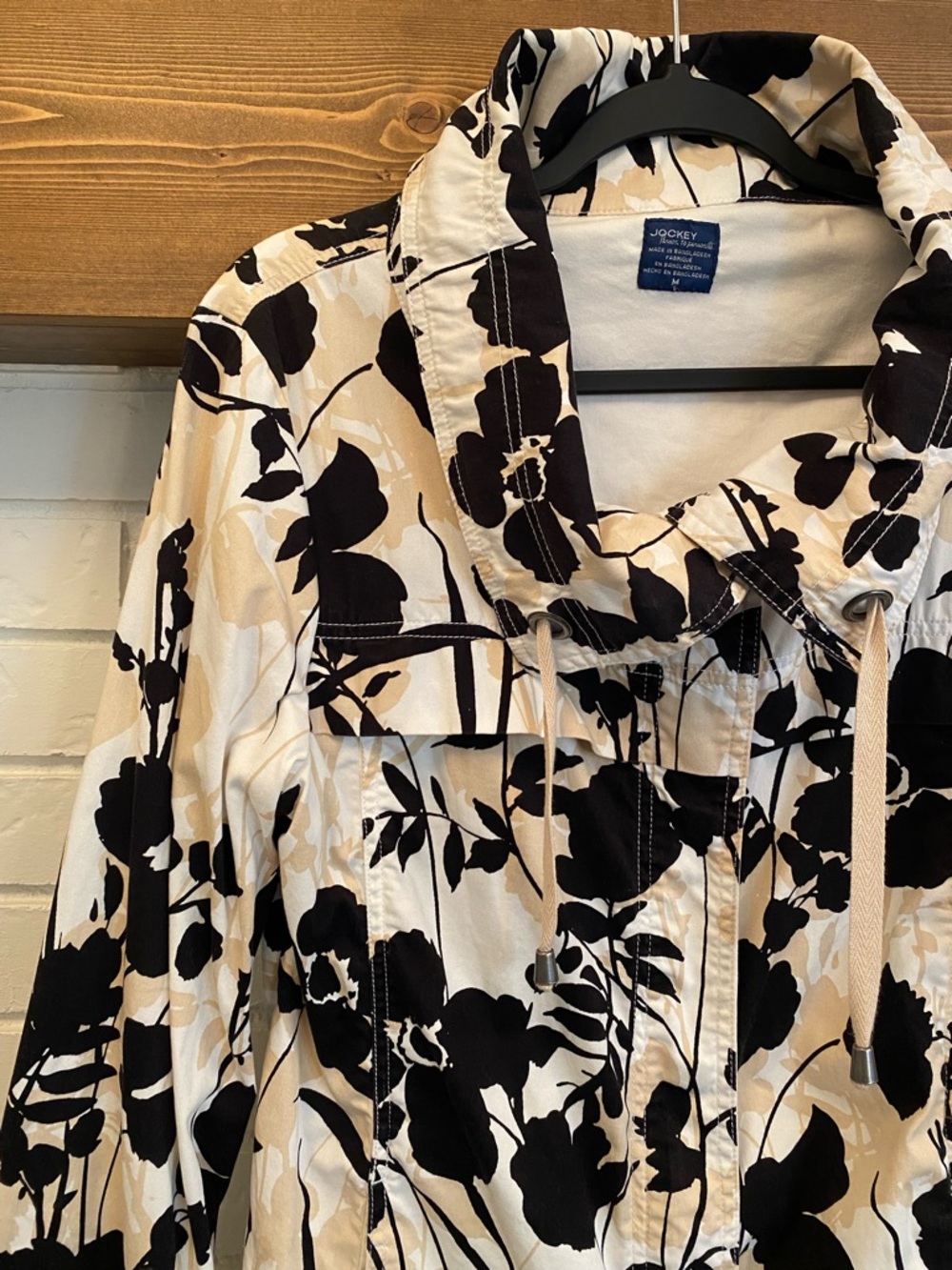 Jockey Cotton Floral Zip Lightweight Jacket Women’s M Neutral Black White Taupe